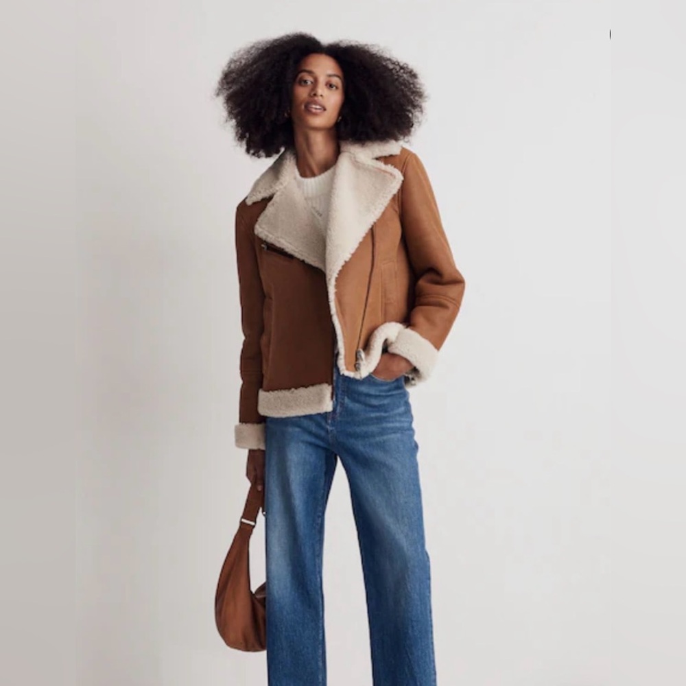 Madewell Leather Shearling Moto Jacket NWT Brown Acorn XXS Fall